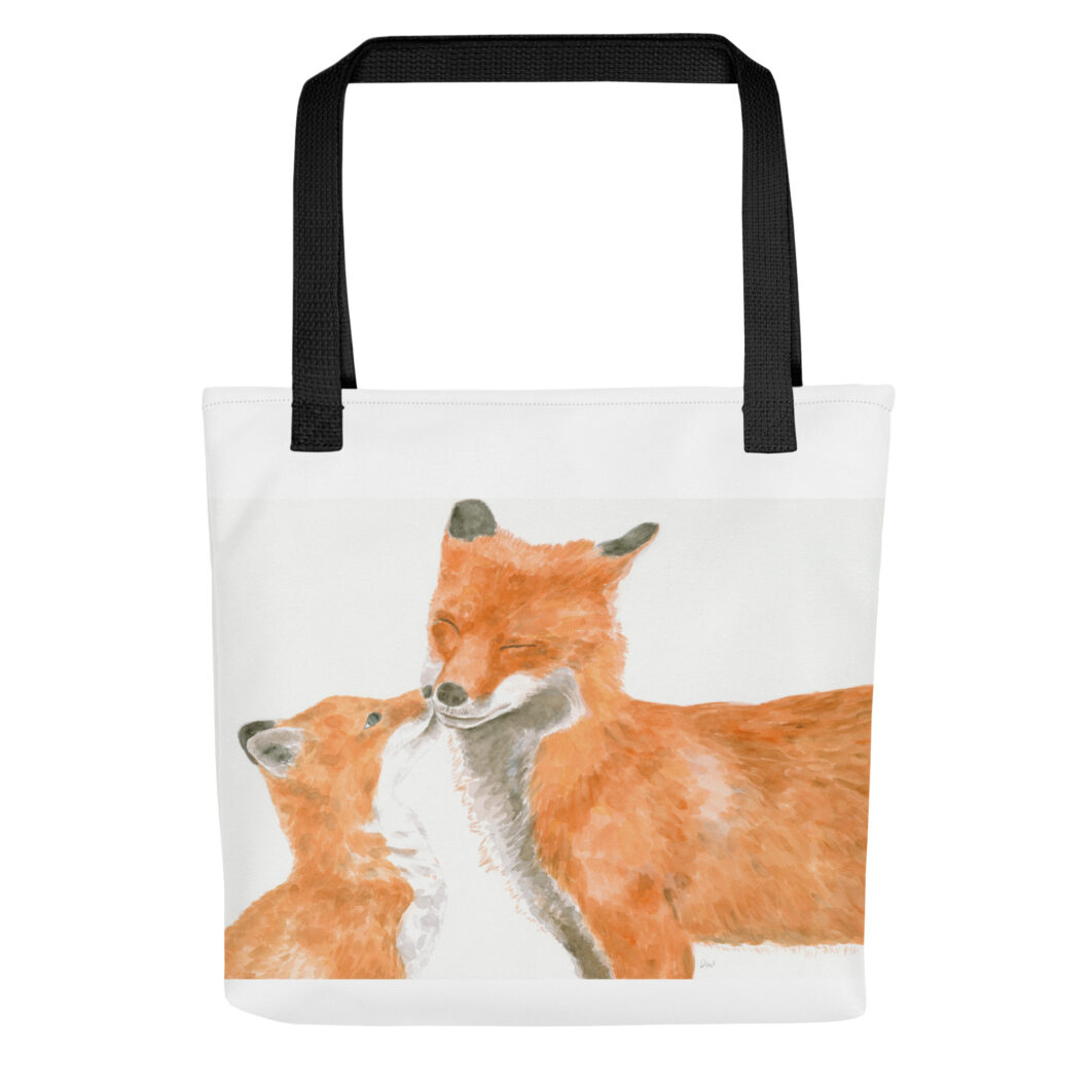 Fox cub kissing mother fox (tote bag)